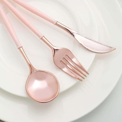 Efavormart 24-Pack 8" Rose Gold and Blush Pink Disposable Plastic Silverware; Elegant Dual-Tone Heavy-Duty Cutlery for Romantic Weddings, Bridal Showers and Spring Galas - color: Rose Gold/Blush, size: 8"