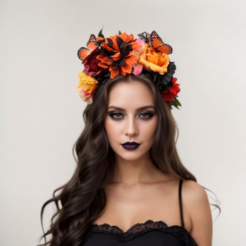 Elegant Butterfly Flower Headband for Women Boho Handmade Rose Floral Crown Wedding Bridal Festivals Cosplay Prom Photo Props Headpiece (C2 orange, Adjustable) - color: C2 orange