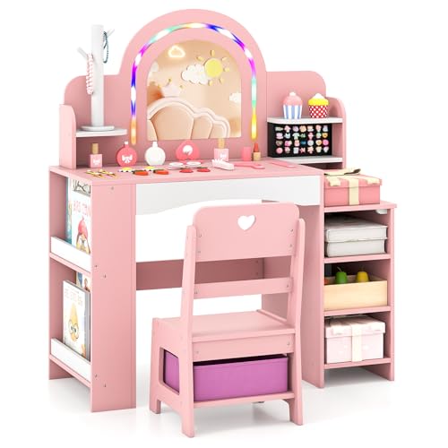 Costzon Kids Vanity, Girls Vanity Set with Lighted Mirror, Bookshelf, Jewelry Storage, Toddler Makeup Vanity Desk Dressing Table, Wooden Kids Vanity Table and Chair Set (Pink) - style: Pink