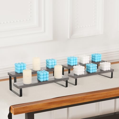 YINMIT Wooden Display Riser Stand, Tiered Perfume and Cologne Organizer Stand, 2 Tier Spice Rack Organizer, Rustic Display Shelf for Candles (2 Tier,2Pack,Grey) - color: 2 Tier,2Pack,Grey