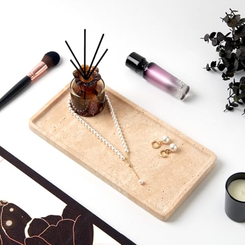 Light Beige Travertine Tray, 11.8"x5.9" Rectangular Marble Vanity Tray for Bathroom Counter, Catchall for Perfume, Jewelry, Cosmetics, Stone Organizer for Dresser & Kitchen Counter - color: Rectangle-beige Travertine (11.8" X 5.9" X 0.7")