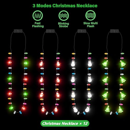 EOBOH Christmas Necklace, 4Pcs Light Up Christmas Necklace, Glowing Bulb Xmas Tree Santa Candy Cane Necklaces, 3 Modes Colorful Xmas Party Favors, Ugly Xmas New Year Eve Party Supplies Accessories