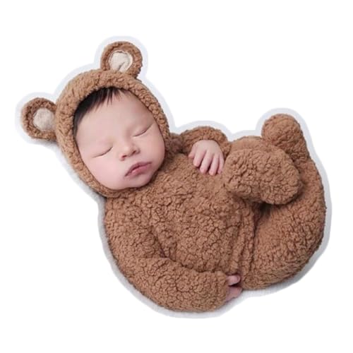 Zeroest Newborn Photography Props Boy Outfits Bear Baby Girl Photo Props Outfits Hat Footed Romper Sleeved Set for Photoshoot - color: Tan