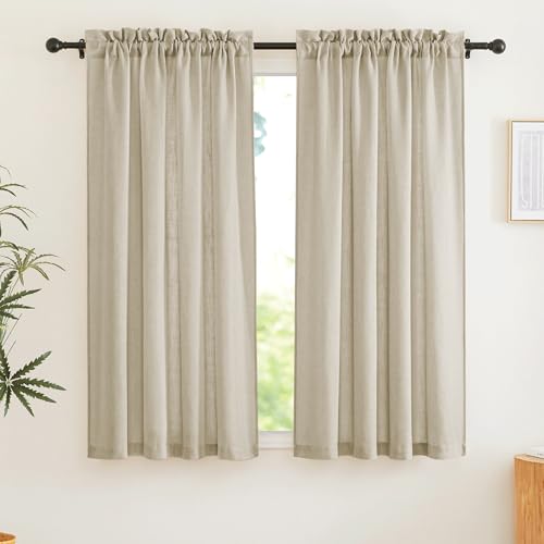 RYB HOME Linen Textured Semi Sheer Curtains Half Privacy Light Glare Filtering Breezy Airy Window Decor for Bedroom Bathroom Living Room, Beige, W 34 x L 63 inch, 2 Panels - color: Beige, size: 34"W x 63"L (Pack of 2)