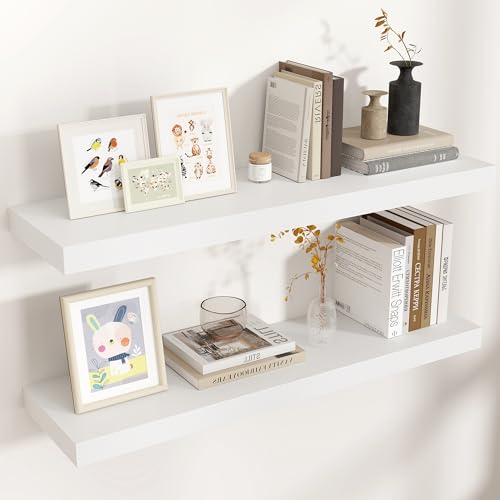 Venusmiles Floating Shelves for Wall, Engineered Wood Wall Shelves with Invisible Brackets for Living Room Bedroom Bathroom Office Kitchen Decor and Storage (White, 36" W x 9" D x 1.5" H) Set of 2 - color: Matte White, size: 36"W, Set of 2