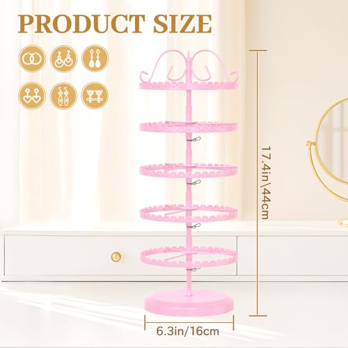 MODOWEY 5 Tier Rotating Earring Holder Organizer Stand, Adjustable Metal Display Tree Rack for Women, 400 Hole and Groove Large Storage for Pierced Stud Dangle Hoop, Compact for Small Dresser, Pink - color: Pink, size: 5-Tier