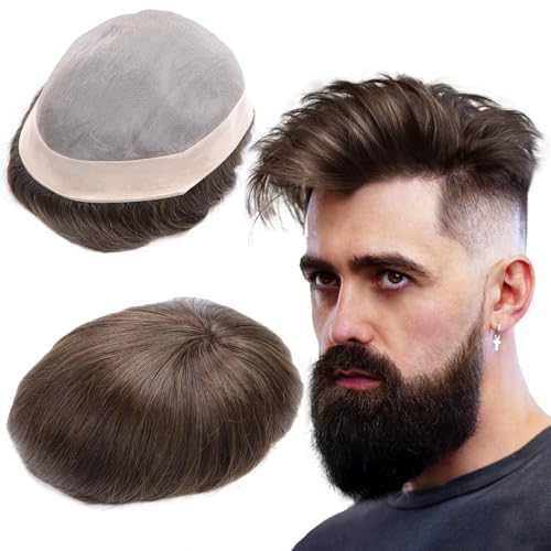 Mens Hairpieces Toupee for men Human Hair Durable Mono Lace With NPU 6x8 Inch Color 2# Replacement System Natural Hairline Hair System for Men Strong Hold Mens Toupee For Thinning Hair - color: 2# dark brown - Mono NPU, size: 6x8 Inch