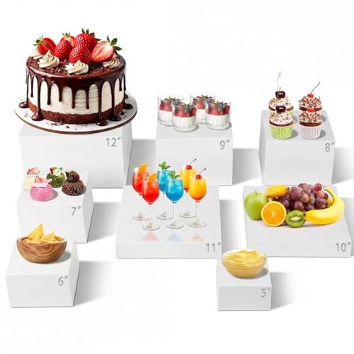 8PCS Buffet Risers，Large Food Risers for Buffet Table, Dessert Table Display Set,Food Stands for Display Party，Collectibles Jewelry Display Stand, Acrylic Cube Boxes big size(12"-11"-10"-9"-8"-7"-6"-5") - color: white-5-12