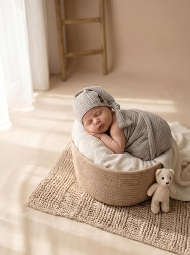 Newborn Photography Props Swaddle Wraps with Hats for Baby Boys Girls Photo Props Shoot Newborn Waffle Texture Knit Blanket (Grey) - color: Grey