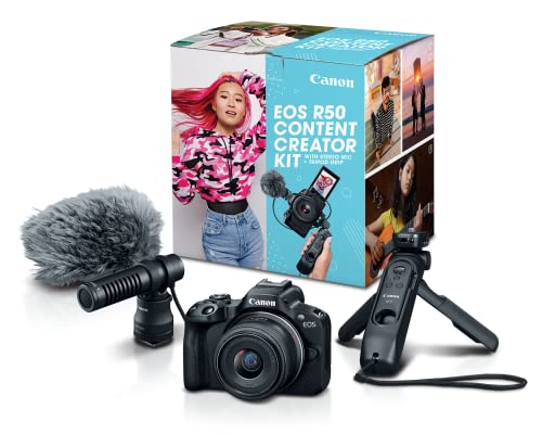 Canon EOS R50 Content Creator Kit, Hybrid Mirrorless Camera with RF-S18-45mm F4.5-6.3 IS STM Lens, Tripod Grip, Microphone, Wireless Remote Control, 24.2 MP CMOS (APS-C) Sensor, Vlogging Camera, Black - color: Black, style: EOS R50 Content Creator Kit