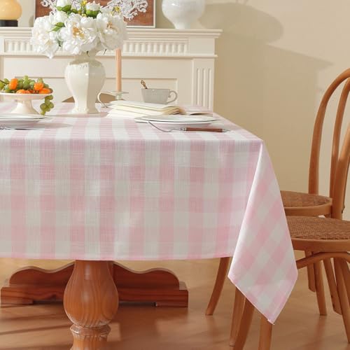 Gingham Tablecloth Rectangle Checkered Table Cloth Cotton Linen Fabric Wrinkle Free Washable Buffalo Plaid Table Cover for Kitchen Dining Picnic Camping, Pink and White, 55 * 102 inch - color: Pink, size: 55" x 102" (Rectangular)