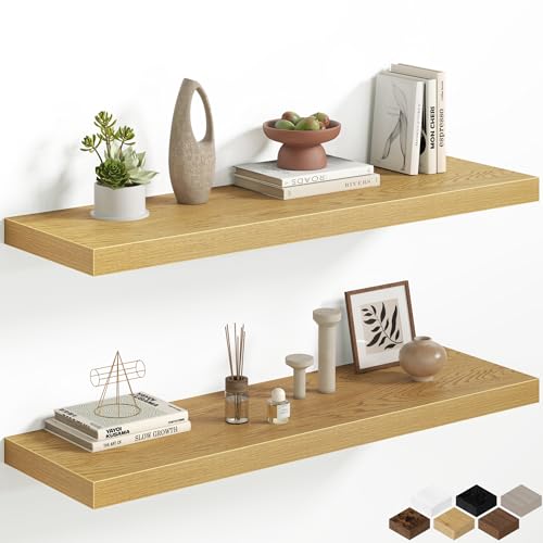 Fun Memories 40 Inch Floating Shelves, 12 Inch Deep Wall Shelves, 40 x 12 Floating Shelf Set of 2, Oak Wood Floating Shelf Wall Mounted, Large Kitchen Living Room Bedroom Bathroom Storage Shelves - color: Oak, size: 40 Inch, Set of 2
