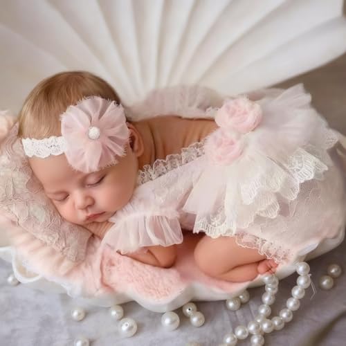 Newborn Photography Props Outfits Princess Baby Girl Pearl Lace Rompers Headdress Infant Baby Girl Photoshoot Costume - color: Pink2
