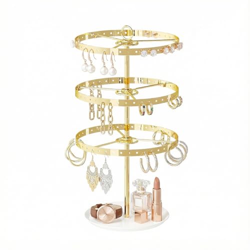 Rotating Earring Holder Organizer,Large and Small Stud Earring Display Tree Stand for Girls Womenm,3 Tiers Hanging Pierced Earring Rack for Selling,Jewelry Storage Stand for Vendors (Golden) - color: Golden