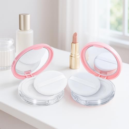 2-Pack Refillable Loose Powder Container with Puff & Mirror - 0.17 oz Travel Portable Empty Makeup Compact with Mesh for Women Girls, Pink - color: Pink