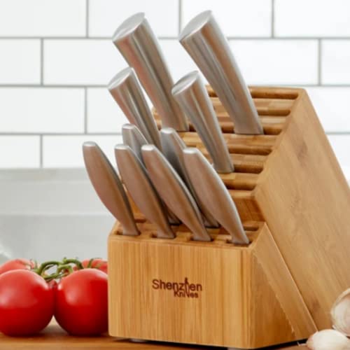 Shenzhen Knives 20 Slot Universal Knife Block: X-Large Bamboo Finish Wood Knife Block without Knives Countertop Butcher Block Knife Holder and Organizer with Wide Slots for Easy Kitchen Knife Storage - size: X-Large