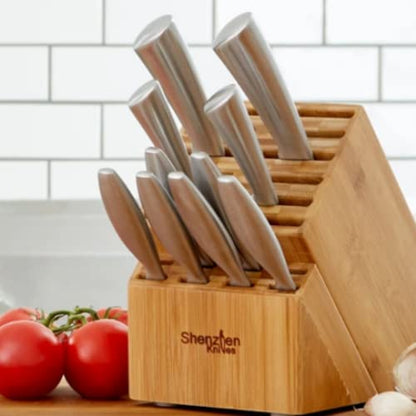 Shenzhen Knives 20 Slot Universal Knife Block: X-Large Bamboo Finish Wood Knife Block without Knives Countertop Butcher Block Knife Holder and Organizer with Wide Slots for Easy Kitchen Knife Storage - size: X-Large