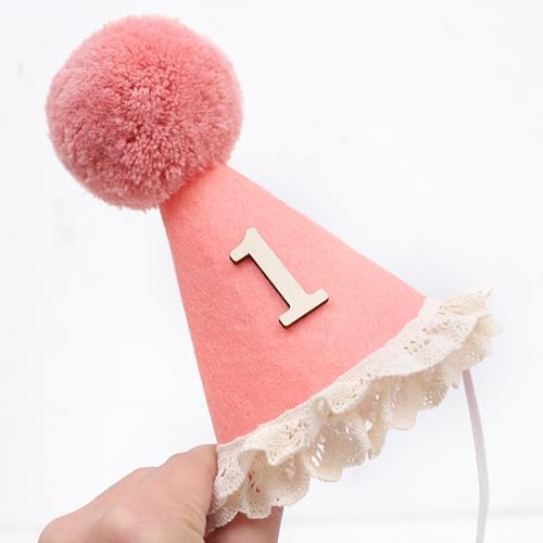 WAOUH Boho 1st Birthday Crown - Unisex Adjustable Baby Hat with Pom Topper, Felt Party Decoration & Photo Props - color: Cherry Powder
