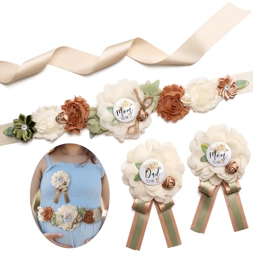 Baby Shower Sash Decorations Mom to Be Corsage Gift Dad to Be Pin 3Pack Set Flower Belt for Maternity Dress - Gender Reveal Pregnancy Photo Props - color: Beige Green