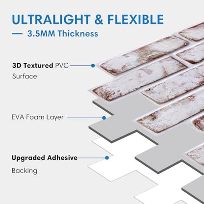 COMSTICKC 3D Faux Brick Wall Panel Red-Tinted White, Peel and Stick Wall Covering, 12 Pcs of 22.8" x 11.8", Not Real Brick, UrltraLight PVC Self Adhesive Wall Tile, Paintable, Covers 22.48 sq.ft - color: Red-Tinted White