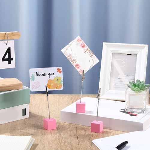 Gersoniel 20 Pcs Cube Base Memo Clip Holder with Alligator Clip Wood Table Number Holder Cube Base Place Card Stand Mini Photo Menu Stand for Displaying Number Card (Pink) - color: Pink