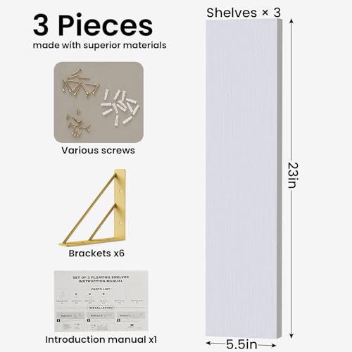 BAYKA Wall Shelves for Bedroom Decor, Floating Shelves for Living Room Kitchen Storage, Wall Mounted Rustic Wood Shelves for Kids Books,Corner Shelves for Bathroom(White and Gold，23in，Set of 3) - color: B. White Board & Gold Brackets, size: 23-inch Standa