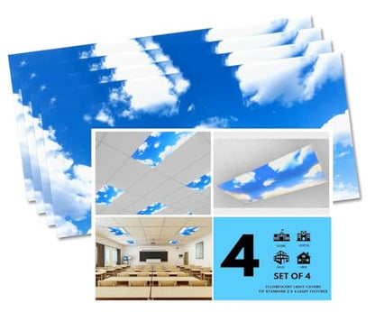 ShadeMAGIC - 4 Pack of Fluorescent Light Covers - 2x4 Film Insert for Ceiling Light Diffuser Panels - Sky Clouds - for Classrooms and Offices - Decorative Lighting (4)