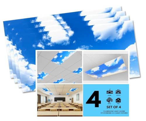 ShadeMAGIC - 4 Pack of Fluorescent Light Covers - 2x4 Film Insert for Ceiling Light Diffuser Panels - Sky Clouds - for Classrooms and Offices - Decorative Lighting (4)