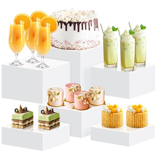 6Pcs Buffet Risers, Food Risers for Buffet Table, Acrylic Cube Display Risers with Hollow Bottom, Food Display Stand for Party Jewelry Dessert Figures (Size 5.5",6",6.5",7",7.5",8") - color: White-Cube