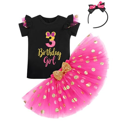 IBTOM CASTLE Cake Smash Half 1st 2nd 3rd Birthday Girl Princess Polka Dots Ruffle Skirt Set ONE Party Costume Headband - color: Rose+black-3rd, size: 3T