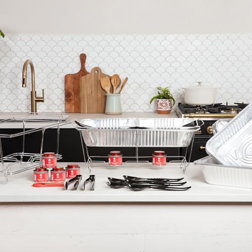 Large Full Size 33-Pcs Disposable Chaffing Buffet with-Covers, Utensils, Fuel Cans – Premium Chafing Dish Set for Events, Parties, Catering - size: Complete Kit (with Racks)