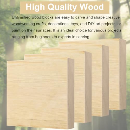 6x6x1 Inch Solid Wood Carving Blocks, 4 Pcs Rectangle Wooden Blocks for Crafting, Unfinished Wood Blocks for Crafts DIY Supplies Coasters Engraving Painting Beginners and Adults - size: 6x6x1 Inch