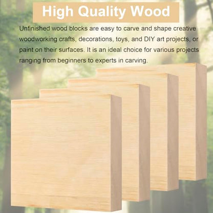 6x6x1 Inch Solid Wood Carving Blocks, 4 Pcs Rectangle Wooden Blocks for Crafting, Unfinished Wood Blocks for Crafts DIY Supplies Coasters Engraving Painting Beginners and Adults - size: 6x6x1 Inch