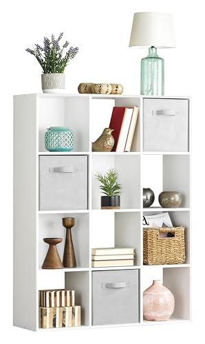 Whitmor 12 Cube Bookcase, 4 Tier Stackable MDF Bookself, Open Storage Display Organizer, Storage Cabinet for Living Room, Bedroom, Home, Office, 35.1" L x 11.6" W x 47.5" H, White - color: White, size: 12 Cube Stackable