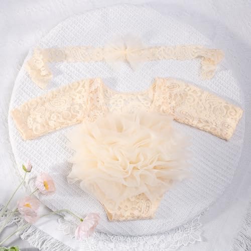 Newborn Photography Outfits Girl Baby Photography Props Lace Romper with Headress Newborn Outfits Girls Photo Props - color: Off-white