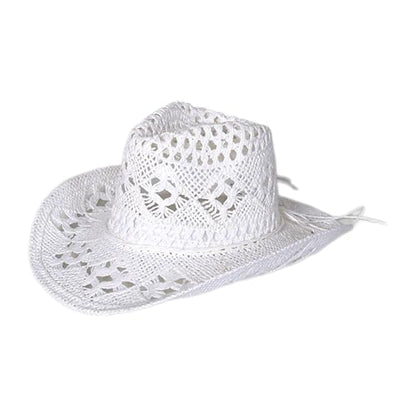 Straw Cowboy Hats Ventilated Hollow Round Foldable Sun Hats for Women Summer Western Cowgirl Beach Hat Photo Prop - color: White