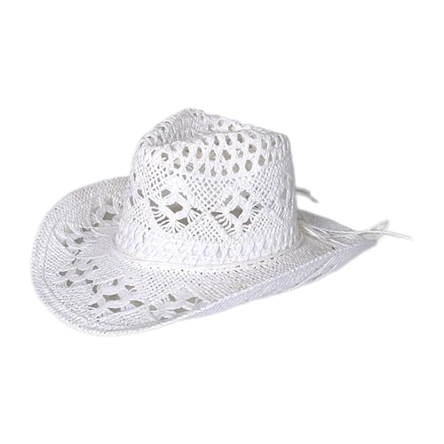 Straw Cowboy Hats Ventilated Hollow Round Foldable Sun Hats for Women Summer Western Cowgirl Beach Hat Photo Prop - color: White