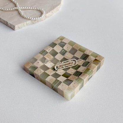 Marble Stone Green Onyx with Travertine Checkerboard Square Small Splicing Mosaic Tray Jewelry Dish (Green and Beige)