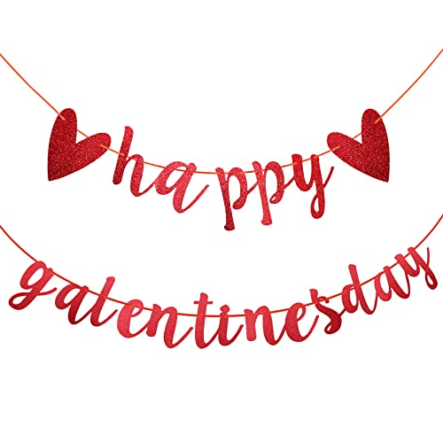 Happy Galentine's Day Banner, Red Glitter Heart & Galentine’s Day Garland Banner Sign for Ladies Girls Friends Valentine’s Day Party Decor, Break Up Party Favor Photo Props - color: Red