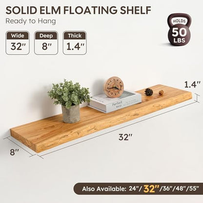 Floating Shelves Set of 2, Solid Elm Wood Wall Shelves 32 Inch - Invisible Bracket Mount for Living Room, Bedroom, Kitchen, Bathroom - Natural - color: Clear Natural, size: 32"L, 2-Pack