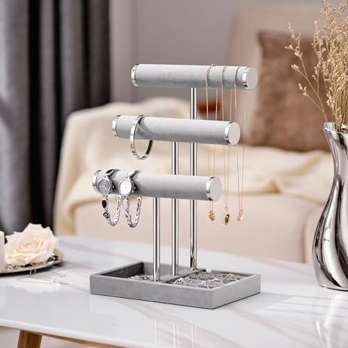 bussdis 3 Tier Bracelet Holder Display - Detachable T Bar Grey Velvet Bracelet Holder, Jewelry Holder Organizer for Bracelet, Necklace, Earrings, Rings - color: Grey, size: Standard
