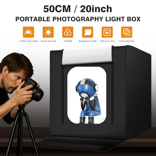 Light Box Photography 20"x20" with 80LED Lights and 4 Color Backdrops Photo Box with Lights, Foldable Light Box with Adjustable Brightness, 6000-6500K Dimmable Portable Picture Box Shooting - size: 20" with 6000-6500K