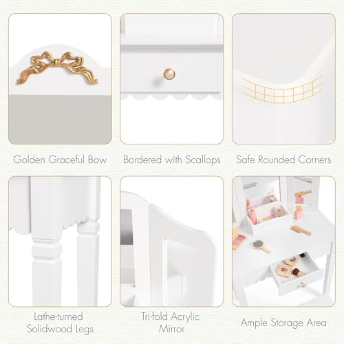 Spirich Kids Vanity Set with Mirror and Stool, Kids Make Up Vanity Desk for Little Girls, Children Makeup Dressing Table with Drawer - size: Golden bow