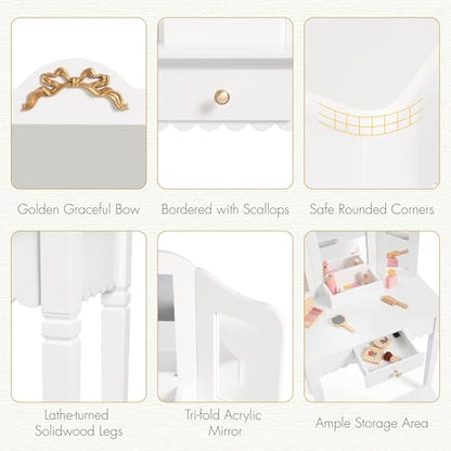 Spirich Kids Vanity Set with Mirror and Stool, Kids Make Up Vanity Desk for Little Girls, Children Makeup Dressing Table with Drawer - size: Golden bow