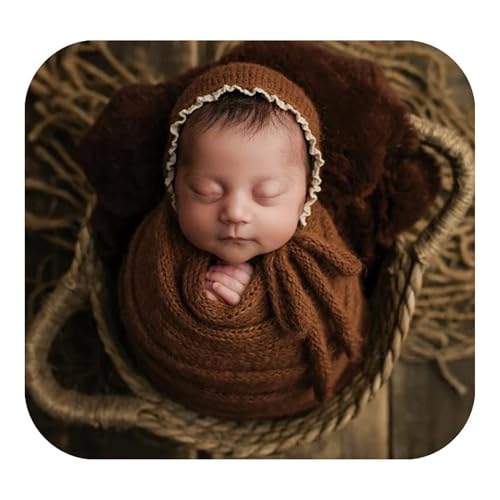Coberllus Newborn Baby Photography Props Wrap Knitted Blanket Swaddle & lace Edge Bonnet for Boys Girls Photo Shoot Wrap Prop (Coffee) - color: Coffee