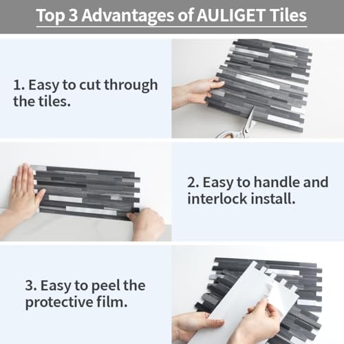 AULIGET Peel and Stick Backsplash, PVC Mixed Metal Stick on Bathroom Backsplash (2, Black & Grey Wood Look) - color: Black Grey Wood + Metal Silver, size: 2 Sheets, 6"x12"x0.12"