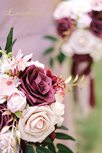 Lookein Set of 4 Bridesmaid Bouquet for Wedding 7 Inch Artificial Flowers Bouquet Wedding Bouquet Bridal Bouquet Tossing Bouquet for Wedding Ceremony Anniversary Celebration, Delicate Marsala - color: 7" Romantic Marsala