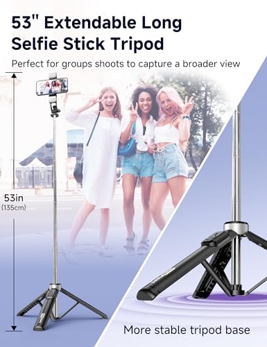 53'' Selfie Stick Tripod with Light, Extendable Selfie Stick with Remote, Portable Cell Phone Tripod Stand with All in 1 Phone Clip, Lightweight Camera Tripod Compatible with iPhone 17 16 15, Android - color: Black