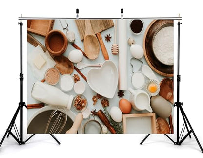 10x7ft Baking Ingredients with Eggs Flour and Spices Backdrop Gourmet Rustic Homemade Photography Background for Food Photography and Baking Events Decorations Banner Photo Booth Props - size: 10x7ft