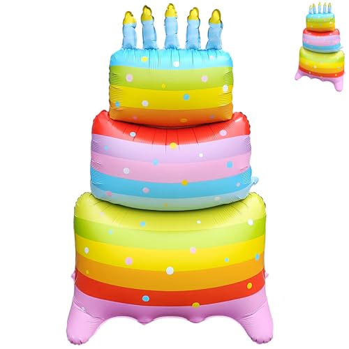 60 Inch Rainbow Birthday Cake Foil Balloons,Giant 3 Tier Cake Self-Standing Balloon for Girls Boys Kids Birthday Party Supplies,Baby Shower Party Centerpiece Decorations - color: Rainbow Cake